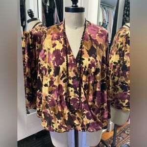 Anne Klein Faux Wrap Top, Plum/Gold, 3/4 Sleeve Top - Women’s Size XL